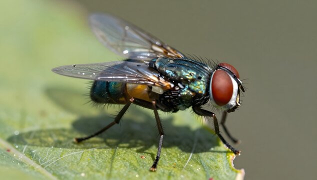 Close up of a common green bottle fly perched on a leaf in macro photography