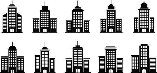 Black silhouette collection of city buildings, skyscraper icons, urban office architecture, and apartment towers isolated on white background cad drawing flat vector illustration © fulbabu