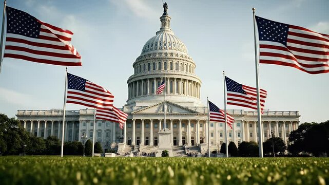 American Flags Wave Proudly Before The Iconic US Capitol Building.