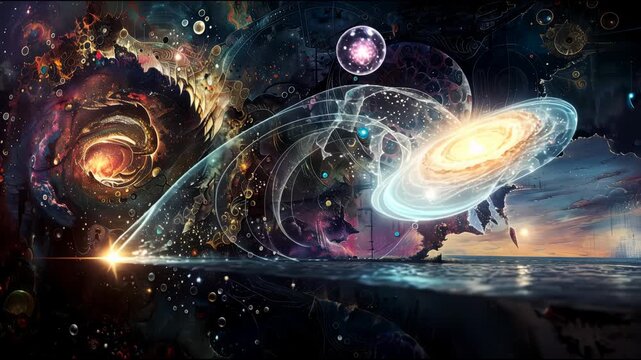 Cosmic scene depicting the evolution of galaxies and celestial bodies, showcasing vibrant colors and intricate patterns across the universe with a tranquil ocean in the foreground