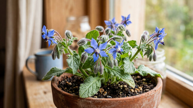 Borage in bloom, showcasing its vibrant blue flowers on a sunlit windowsill. 
