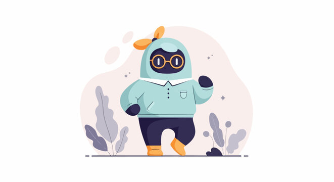 Cute robot with glasses and propeller hat walking in nature