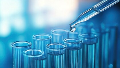 Close-up of test tubes with blue liquid and dropper.