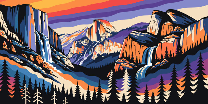 USA, US, U.S, United States - Yosemite Valley Vibrant Landscape Illustration | Bold Cliffs, Waterfalls & Colorful Sky | Modern Scenic National Park Travel Poster Art
