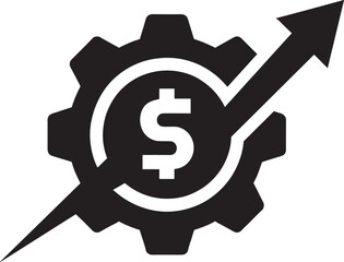 Black Silhouette Financial Growth Icon, Dollar Sign with Gear and Upward Arrow, Money Progress, Business Development, Profit Increase Vector Illustration Clipart