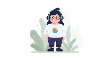Fototapeta premium A whimsical illustration of a person with headphones and a colorful circular emblem on their shirt, surrounded by lush green foliage