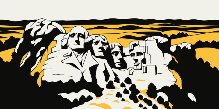 USA, US, U.S, United States - Mount Rushmore Black‑White‑Gold Illustration | Elegant Stylized American Landmark Art | Premium Modern Travel Poster Design
