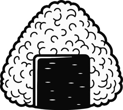 A simple black and white illustration of a rice ball wrapped in seaweed