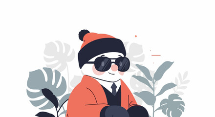 A stylized snowman with a hat, sunglasses, and orange coat, surrounded by foliage