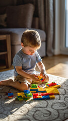 Naklejka premium A young boy playing with colorful building blocks on a rug.