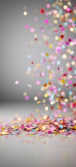 Colorful confetti falling creating festive celebration background. Bright confetti falling and resting on a neutral background, offering copy space