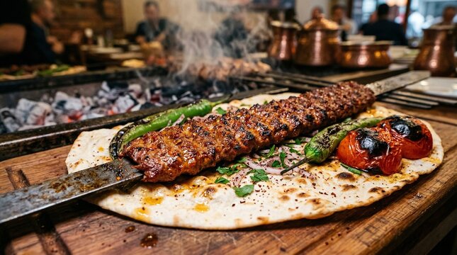 Spicy Adana Kebab on Metal Skewer with Flatbread and Peppers