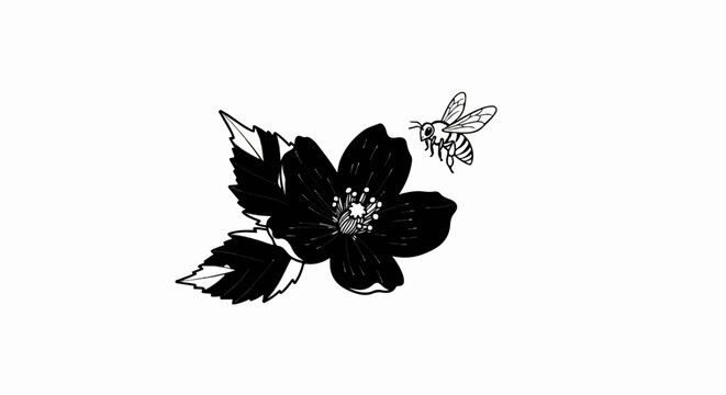 A bee flies near a dark flower with green leaves