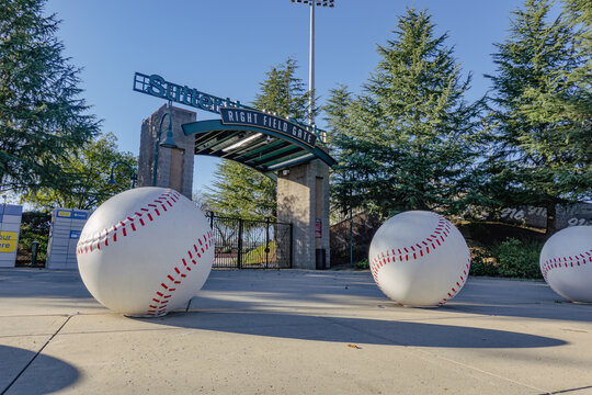 Giant baseball sculptures at the entrance of Sutter Health Park on January 7, 2026 in West Sacramento, California 
