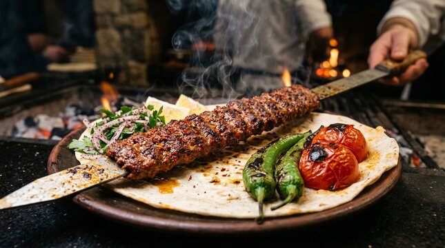 Spicy Adana Kebab on Metal Skewer with Flatbread and Peppers