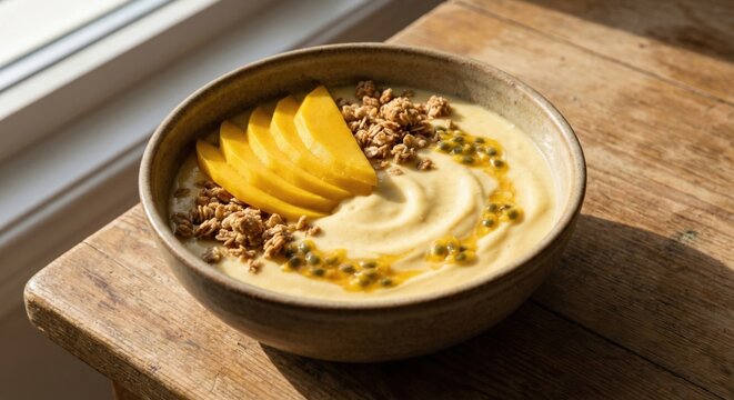 Mango smoothie bowl with passion fruit and granola