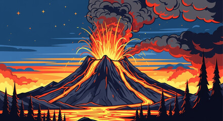 Erupting Volcano with Lava Flow and Smoke. © Di