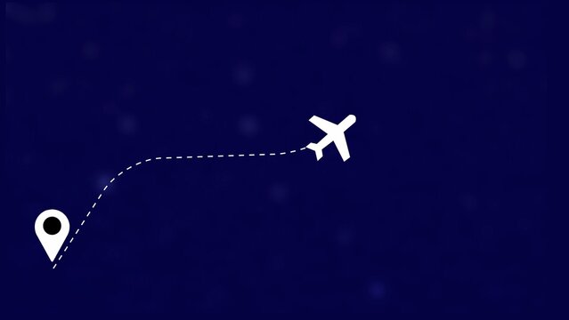 White airplane flying over a dotted path on a dark blue background