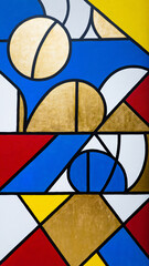 Fototapeta premium Abstract geometric mural with bold colors and shapes, including circles, triangles, and lines.