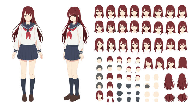Detailed anime girl character design sheet featuring full body poses and various facial expressions in a classic high school uniform style.