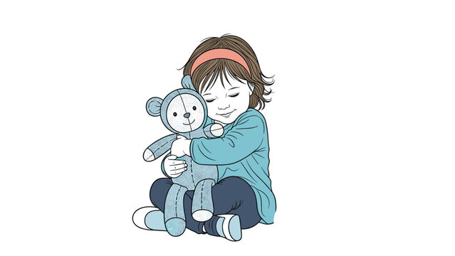 Young girl with a pink headband sits on the floor while hugging her favorite blue teddy bear with a sweet and peaceful expression.