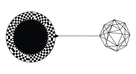 Black and white geometric illustration featuring a checkered circle connected to a geodesic dome high quality © Meem