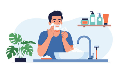 Obraz premium Man applying shaving foam to his face in a bathroom, performing a grooming routine with skincare products on a shelf and a houseplant.