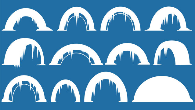 Set of white ice arch silhouettes on a blue background, depicting various frozen entrances, tunnels, or cave openings for winter designs.