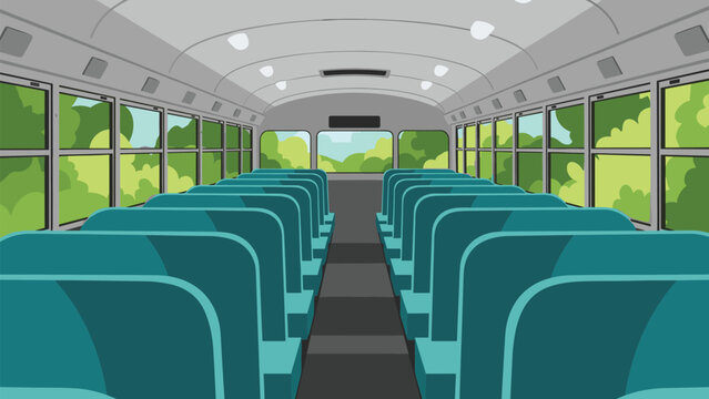 Interior view of an empty bus shows rows of blue seats and large windows looking out onto a green park landscape under a gray roof.