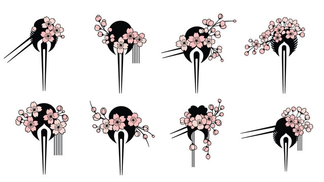 Selection of traditional Japanese hairpins known as kanzashi is decorated with delicate pink cherry blossoms and elegant ornaments.