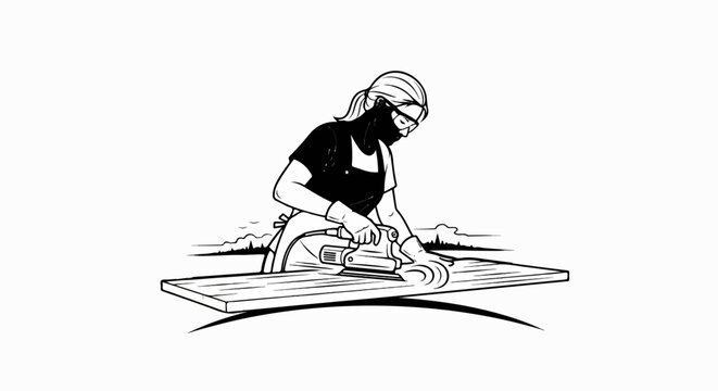 Person wearing safety gear sands wood with an electric sander