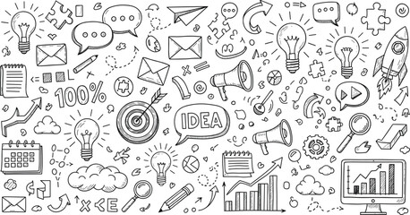 Hand drawn business doodle set with creative ideas startup symbols light bulbs target marketing icons and growth charts on white background © Mokbul