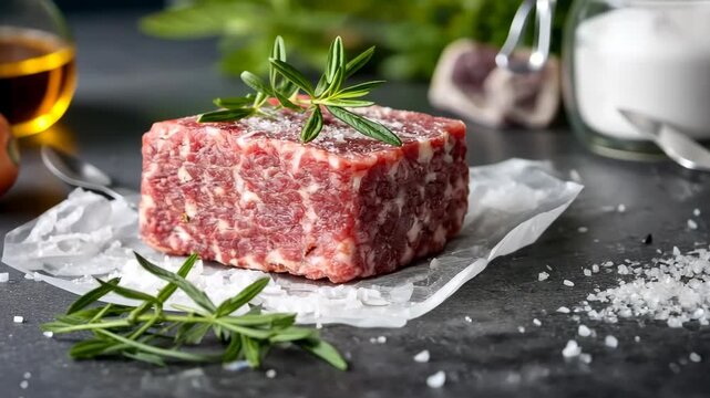 Fresh ground meat preparation with herbs and spices in a kitchen setting at midday