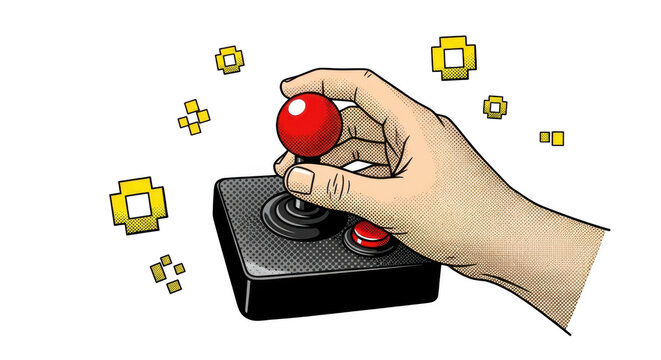 Hand holding a game controller with colorful buttons in the air