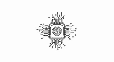 Obraz premium Stylized illustration of a central processing unit with AI insignia and connected circuit pathways