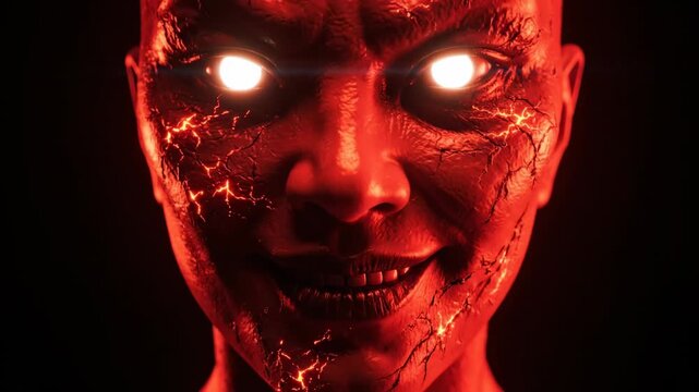 Intense Red Demon Face with Glowing Eyes in Darkness.