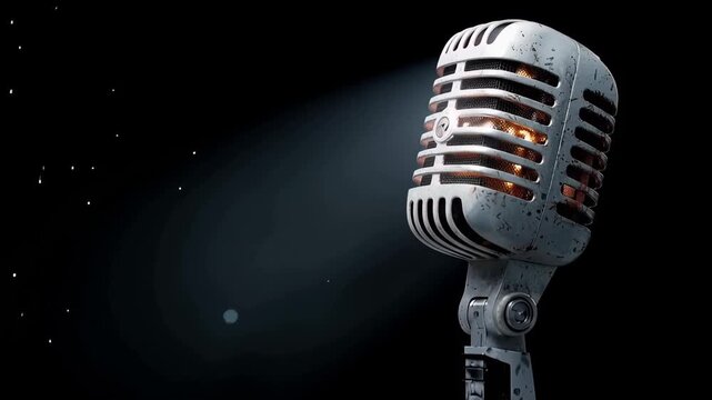 Spotlight shines on vintage microphone in dark space with soft shadows highlighting its features and texture while creating a sense of depth and focus for an upcoming performance