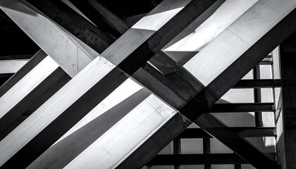 Obraz premium A stark, monochrome image captures intersecting wooden beams, creating dynamic light/shadow contrasts and geometric patterns