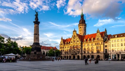 Obraz premium A stately clock tower building and a monument share an open square in a classic, golden hour cityscape