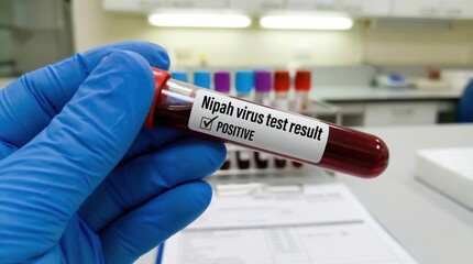 Fototapeta premium Scientist hand in blue glove holding blood sample tube with positive Nipah virus test result in lab. Infectious zoonotic disease outbreak, virology and healthcare diagnosis concept