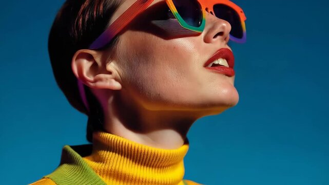 Model poses in colorful sunglasses against blue sky during photo shoot in outdoor setting in summer