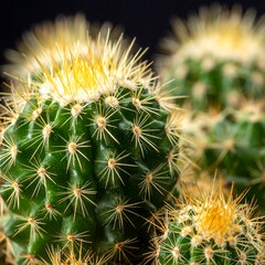 A close-up of vibrant green cacti with bright yellow spines