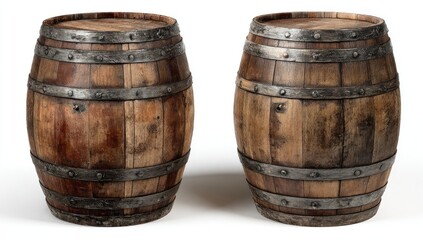 Obraz premium Two aged wooden barrels, each bound with metal hoops, sit against a white background