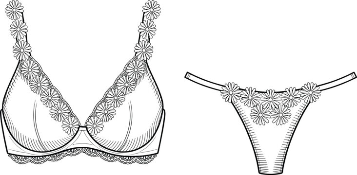 Daisy floral women lingerie set hand drawn vector illustration, elegant bra and thong underwear fashion sketch, female intimate apparel line art design