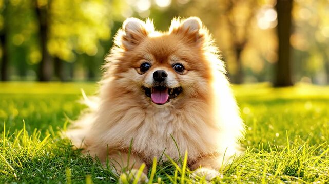 Adorable Pomeranian Dog Relaxing in a Lush Green Meadow.