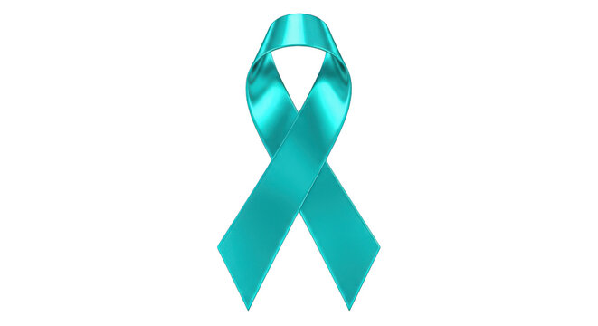 Teal awareness ribbon for ovarian cancer support, turquoise satin ribbon symbol for cervical cancer and pcos, 3d glossy medical health icon on white