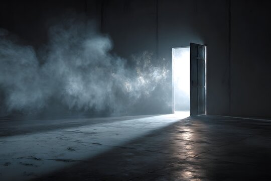 Doorway emitting bright light with smoke billowing out into dark room mysterious atmosphere ominous presence unknown future destination concept dramatic mood lighting shadows and reflections