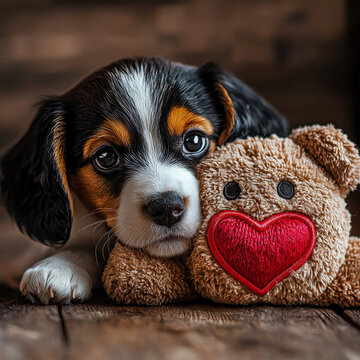 Adorable tricolor puppy with big eyes cuddling a fluffy brown teddy bear with a red heart, resting on wood