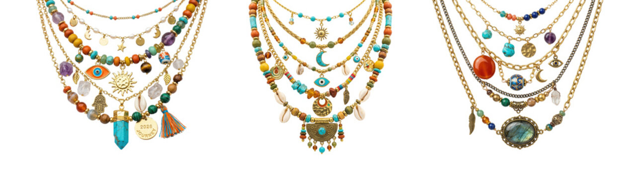Bohemian layered luxe jewelry set of multi-strand necklaces adorned with evil eyes, crescent moons, cowrie shells, blending mystical and organic elements