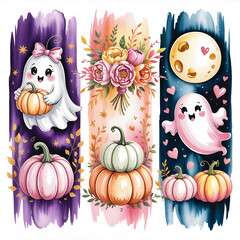 Fototapeta premium Cute Ghost and Pumpkin Halloween Illustration with Flowers and Moon in Pastel Colors - Whimsical Cartoon Digital Art for Seasonal Autumn Decor